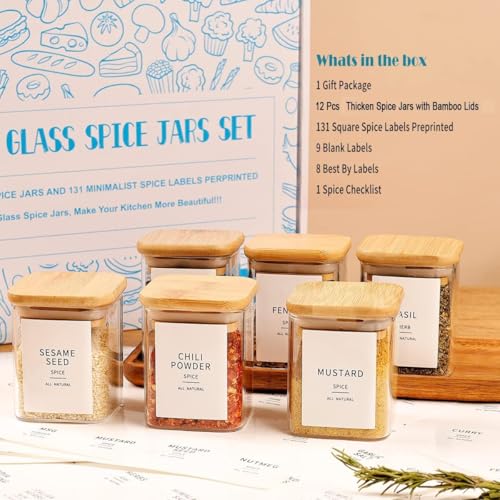 12 Pcs Square Glass Spice Jars with Natural Bamboo Lids