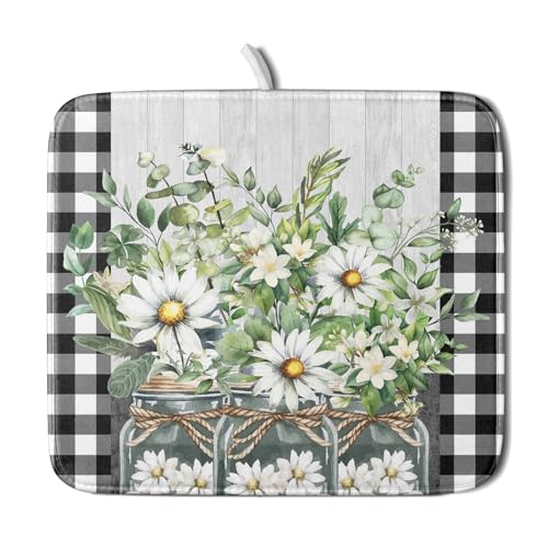 Spring Summer White Daisy Flowers Dish Drying Mat for Kitchen Counter Daisy Spring Flowers Dish Drying Mat 16x18 Inch Absorbent Reversible Microfiber Protector Drainer Mat Dishes Pad for Countertops