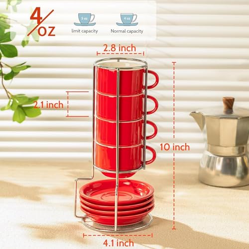 4 Ounce Porcelain Stackable Espresso Cups with Saucers and Metal Stand Set of 4