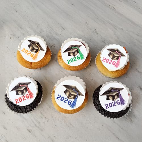 48Pcs Edible 2026 Graduation Theme Cupcake Toppers Wafer Paper Graduate Hat Grad Cap Cupcake Picks 2026 Students Graduation Theme Party Cake Decorations Supplies Multi (48 Count)