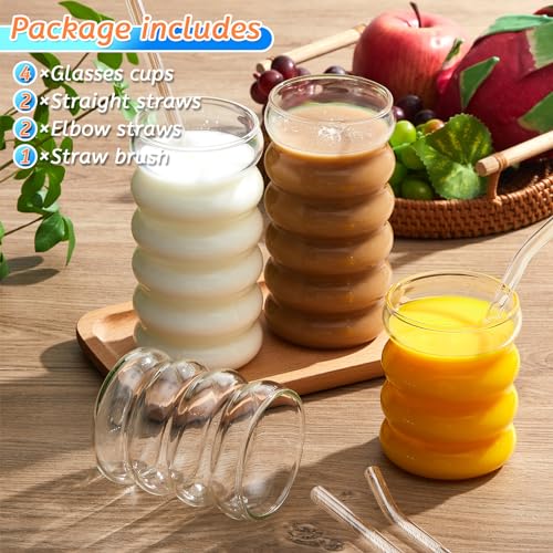 4 Pcs Creative Glass Cups Vintage Drinking Glasses Ribbed Glassware Aesthetic Cup Entertainment Dinnerware Glassware with Straws Set for Kitchen Coffee Beverage (4 Count)