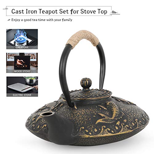 Koi Fish Cast Iron Teapot Set Stove Top 26 oz Tea Kettle with 4 Cups