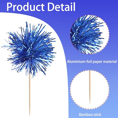 40 PCS Foil Firework Cupcake Toppers Sparkle Tinsel Cupcakae Picks Sparkler Fireworks Party Decorations Cocktail Fruit Toothpick for Birthday Wedding Graduation Party Decorations Supplies Dark Blue (40 Count)
