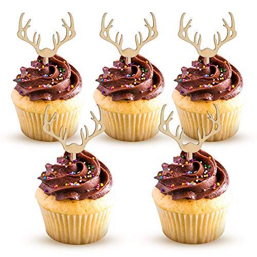 Deer Cupcake Toppers Wooden Baby Shower Woodland Antler Cake Picks Party Decorations Wedding Hunting Boho Rustic Country Birthday Party Supplies Set of 24 (24 Count)