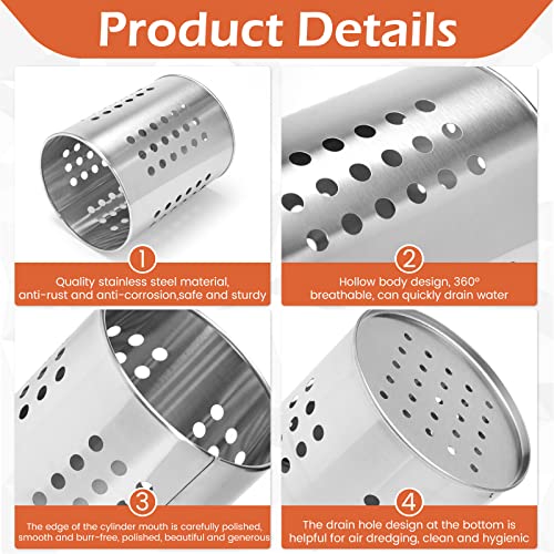 Stainless Steel Kitchen Utensil Holder Flatware Cylinder Silverware Draining Organizer Drying Rack with Round Drain Holes for Forks