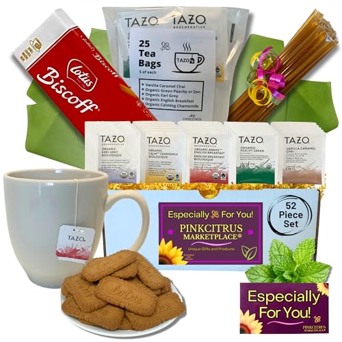 Tea And Cookie Lovers Gift Set Basket Box Care Package With Honey Sticks And White Bistro Mug Thinking Of You (52 Count)
