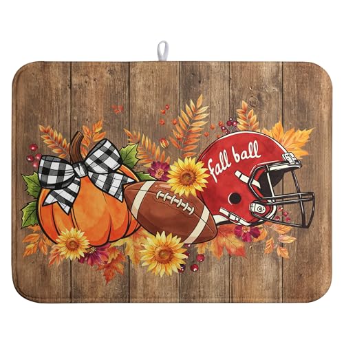 Fall Pumpkin Dish Drying Mats Thanksgiving Dish Mat Football Wood Drying Matt Dishes Dryer Pad for Kitchen Counter Absorbent Microfiber Washable Foldable Reusable 18x24 in