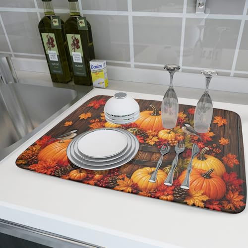 Autumn Dish Drying Mat for Kitchen Countertop Fall Pumpkin Maple Leaf Birds Dish Drainer Mats 18x24inch Rustic Wood Board Grain Dish Drying Rack Pad Protector for Dining Seasonal Decor