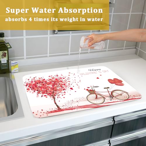 Romantic Valentine's Day Dish Drying Mat for Kitchen Valentines Bike and Tree Dish Drying Pad 18x16 Absorbent Reversible Happy Valentine Dishes Drainer Pad Holiday Dish Drying Rack Mat for Countertop