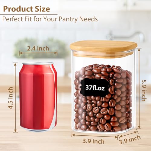 37oz(1.2Qt) Square Glass Storage Containers with Bamboo Lids – 4 Pack Clear Food Airtight Glass Jars for Pantry Organizers and Storage, Kitchen Dry Food, Coffee, Sugar, Flour, Snacks, Spices (4 Count)
