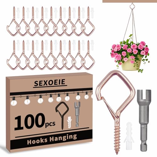 100 PCS Rose Gold Eye Screw Hooks for Hanging Heavy Duty with Safety Buckle.Metal Ceiling Hooks for Hanging Plants Cup Wind Chime Bird Feeders Patio Lights At Indoor&Outdoor (100 Count)