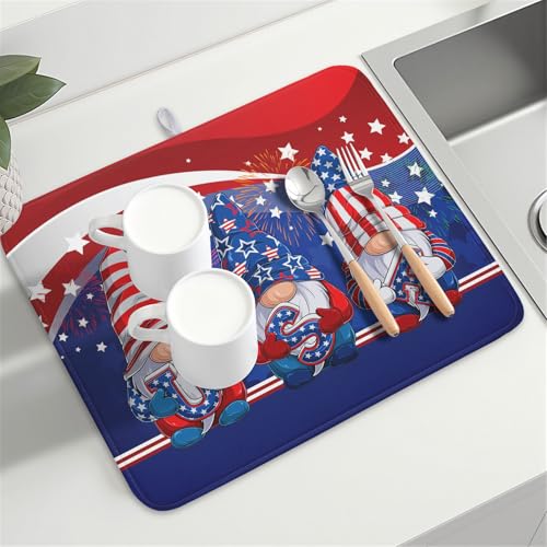 4th of July Dish Drying Mat 18x24 Inch Spring Summer Patrioti Gnome Memorial Kitchen Mats Independece Day Absorbent Dishes Pad for Kitchen Counter Usa Stars Drying Mat Home Decor Countertops