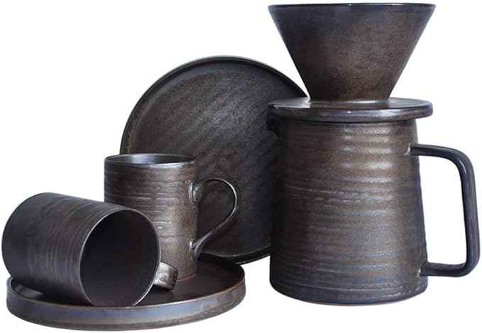 Handmade Stoneware Pour Over Drip Coffee Maker & Cups Set, Coffee Brewer Dripper Cone Filter, Coffee Decanter & Espresso Cups & Saucers Gift Set, Annular Veins Retro Metallic Glazed,16oz