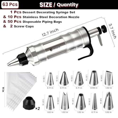 Dessert Decorating Syringe Set Icing Piping Kit Frosting Piping Kit Stainless Steels Cake Decorating Kit with 10 food grade stainless steel piping tips & 50 Disposable Piping Bags Black (63 Count)