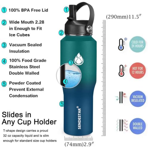 32oz Water Bottle Wide Mouth Stainless Steel Vacuum Insulated Double Wall with Straw Lids Fit in Any Car Cup Holder