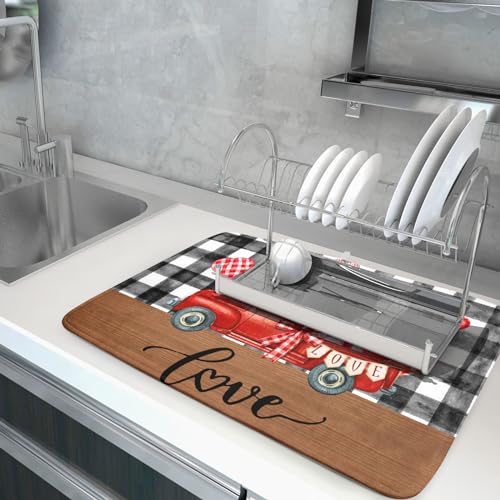 Valentine's Day Red Heart Truck Dish Drying Mat for Kitchen Counter