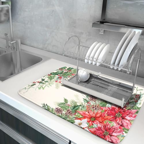 Poinsettia Dish Drying Mat for Countertop 18"x24" Christmas Red Floral Winter Holly Berries Dish Drainer Mats Absorbent Microfiber Dish Drying Pad Protector for Kitchen Home Decor Large
