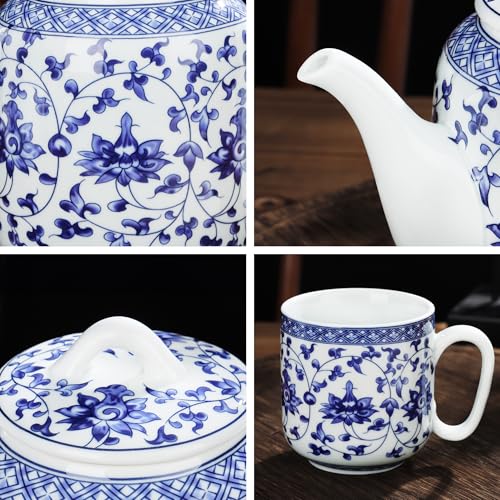 Chinese Blue and White Porcelain Teapot Set Traditional Kung Fu Tea Sets with 6 Cups for Loose Leaf Tea Adults