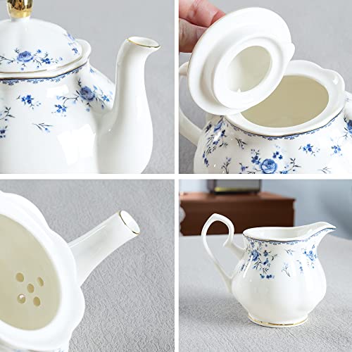 15 Piece British Blue Rose Porcelain Tea Set