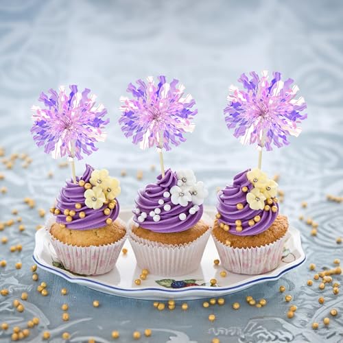 30Pcs Foil Firework Cupcake Toppers Sparkle Tinsel Cupcake Picks Happy Birthday Cake Decorations Drink Stirrers Cocktail Food Fruit Toothpicks for Baby Shower Graduation Party Supplies Purple (30 Count)