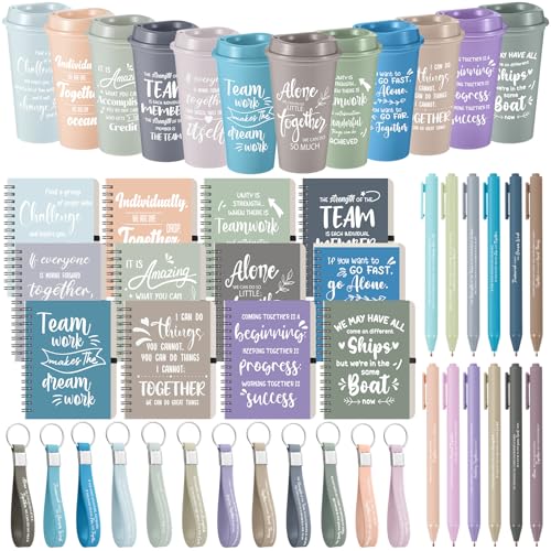12 Set 48 Pcs Team Appreciation Gift Set Inspirational Employee Appreciation Gift Bulk 16 oz Coffee Cups with Team Notebook Pen Keychains for Staff Teacher (12 Count)