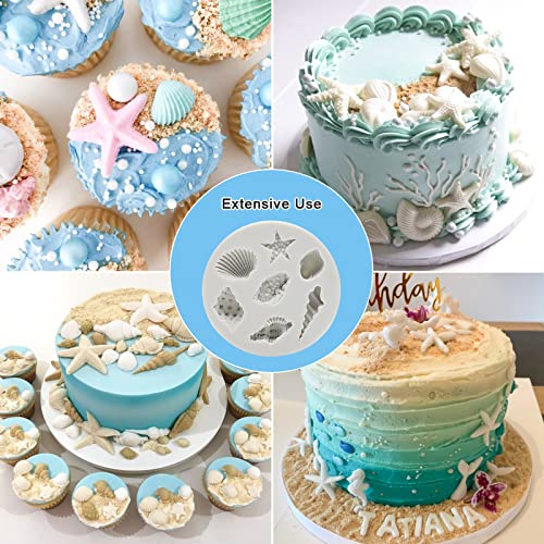 Under the Sea Silicone Mold 3pcs Marine Fondant Cake Mold Seashell Conch Starfish Silicone Baking Mold for Under the Sea Ocean Chocolate Candy Cake Decoration Polymer Clay Gum Paste Craft