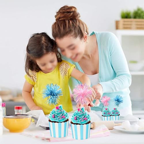 30Pcs Foil Firework Cupcake Toppers Sparkle Tinsel Cupcake Picks Happy Birthday Cake Decorations Drink Stirrers Cocktail Food Toothpicks for Baby Shower Graduation Party Supplies Blue Pink (30 Count)