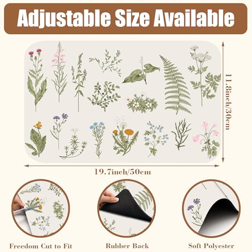 Flowers and Herbs Dish Drying Mat for Kitchen Counter Plant Bar Mat Hide Stain Absorbent Rubber Backed Coffee Maker Espresso Machine Bar Accessories 11.8 x 19.7 Inch