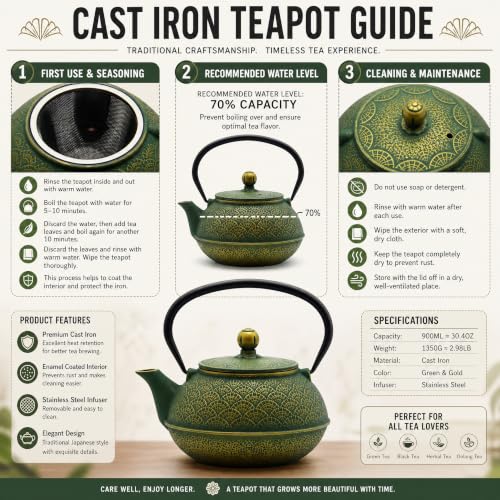 30.4oz Small Cast Iron Tea Kettle Teapot for Stovetop