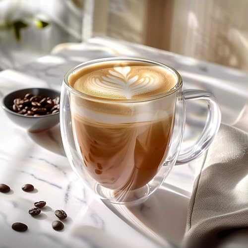 8 Ounces Set of 4 Double Walled Glass Coffee Mugs with with Handle Insulated Layer Coffee Cups Borosilicate Glass Espresso Double Insulated Clear Glass Coffee Mug for Hot Beverages (4 Count)