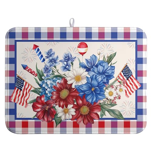 Patriotic Floral Dish Drying Mats 4th of July Flowers Dish Mat Blue Red Firework Drying Matt Dishes Dryer Pad for Kitchen Counter Absorbent Microfiber Washable Foldable Reusable 18x24 in