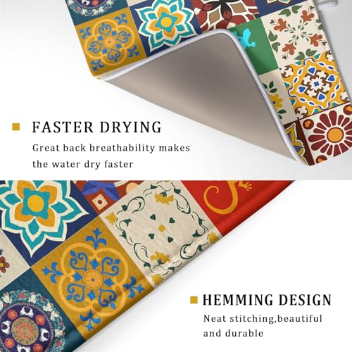 Mexican Tile Dish Drying Mat 18"x24" Talavera Boho Floral Print Dish Drainer Mats Rustic Ethnic Traditional Reversible Large Dish Drying Pad Protector for Kitchen Countertop Decor