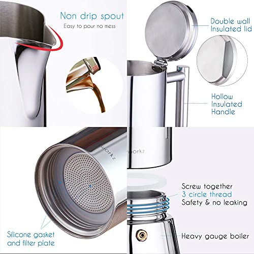 Diego Stovetop Espresso Maker Stainless Steel Italian Coffee Machine Maker 4Cup 6.8 oz Induction Moka Pot