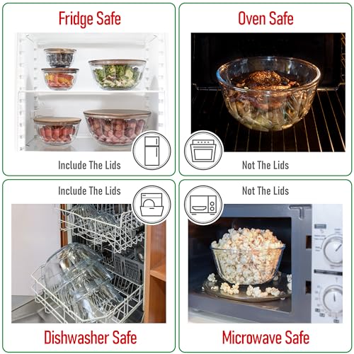 Large Stackable Glass Mixing Bowls with Acacia Lids Set of 5