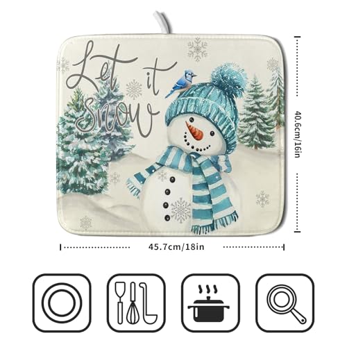 Blue Snowman Dish Drying Mat Xmas Trees Bird Winter Snowy Scene Dish Drainer Mats 16"x18" Microfiber Reversible Dish Drying Rack Pad Protector for Kitchen Countertop Decor