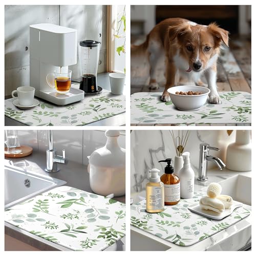 Summer Sage Green Leaves Dish Drying Mat Spring Eucalyptus Leaf Kitchen Dish Drying Pad Absorbent Dish Dryer Mat for Kitchen Countertops Microfiber Dishes Drainer Pad Dish Drying Rack Mat