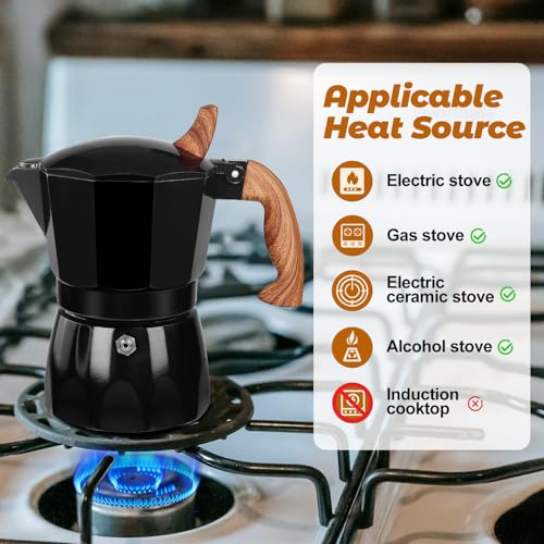3 Cup Aluminum Moka Pot Classic Stovetop Espresso Coffee Maker 150ml 5oz Coffeemaker Percolator Mocha Pot Greca Coffee Maker Cafe Makers for Italian and Cuban Café Brewing Black