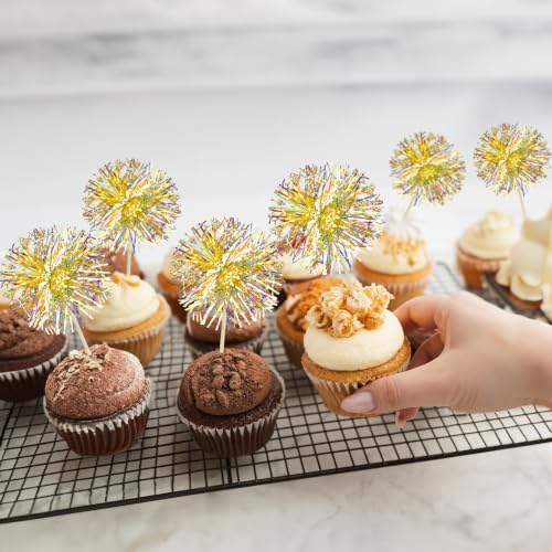 30Pcs Foil Firework Cupcake Toppers Sparkle Tinsel Cake Toppers Tinsel Drink Cake Decoration Cocktail Picks for Halloween Birthday Wedding Graduation Party Supplies Laser Yellow (30 Count)