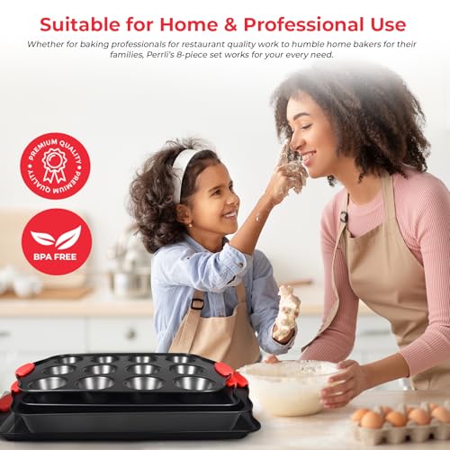 Non-Stick 8-Piece Baking Pan Set, BPA-Free Carbon Steel Bakeware Set with Silicone Handles, Stackable Kitchen Oven Set, Cookie Sheet, Baking Tray, Baking Sheet Set, Oven Safe (446°F) (8 Count)