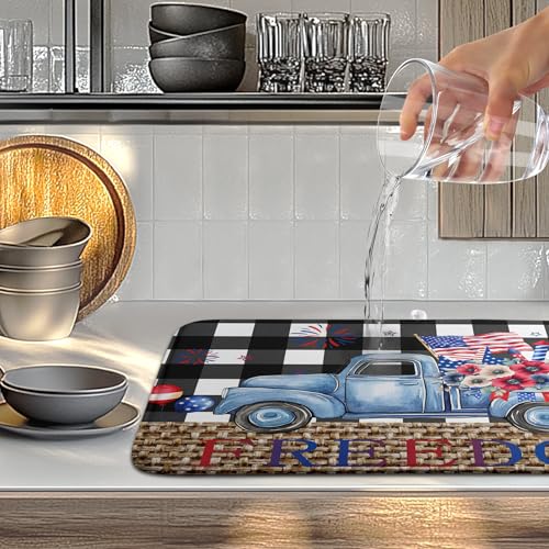 4th of July Buffalo Plaid Dish Drying Mat Patriotic Large Kitchen Mat Dish Drying Pad Absorbent Dish Dryer Mat for Kitchen Countertops Microfiber Drainer Pad Dish Drying Rack Mat