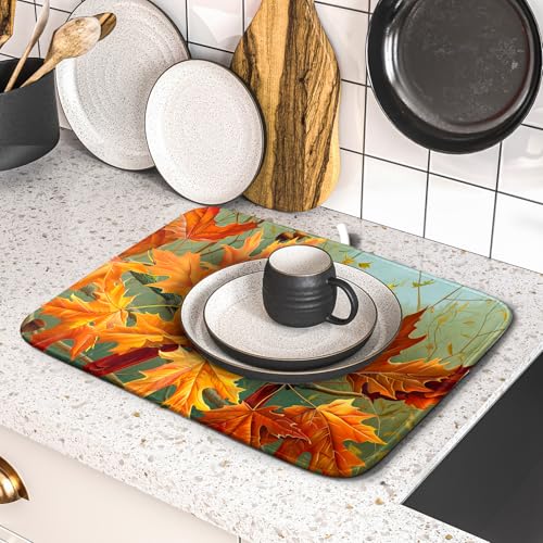 Fall Birds Dish Drying Mat 16x18 Inch Autumn Maple Leaf Tree Dish Drainer Mats Thanksgiving Decorative Microfiber Reversible Dish Drying Rack Pad Small for Kitchen Countertop Tabletop