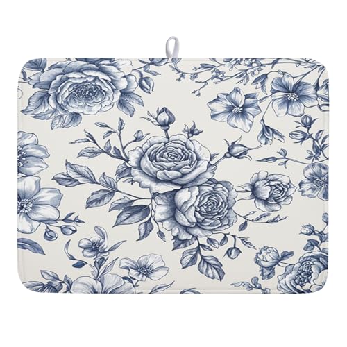 Vintage Floral Dish Drying Mat for Kitchen Counter Blue Floral Chinoiserie Pattern Dish Drying Pad 18x24 In Absorbent French Farmhouse Decor Dishes Drainer Pad Dish Dry Rack Mat for Counter Coffee Bar
