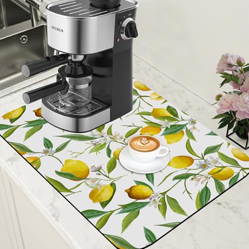 Lemon Fruits Coffee Mat Absorbent Dish Drying Mat for Kitchen Counter Hide Stain Rubber Backed Coffee Bar Accessories Fit Under Espresso Machine