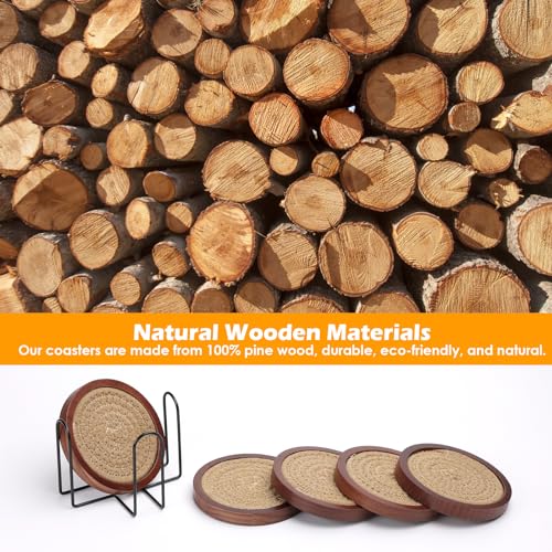 5 Pack Wooden Coasters with Holder for Coffee Table Decor (5 Count)
