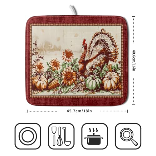 Rustic Turkey Dish Drying Mat for Kitchen Countertop 16x18 inch Fall Thanksgiving Pumpkin Sunflowers Harvest Dish Drainer Mats Fast Drying Farmhouse Country Style Dish Drying Pad Holiday Decor