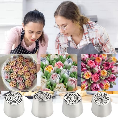4pcs Russian Piping Tips Set Extra Large Stainless Steel Flower Icing Nozzles One Step Peony Carnation Dahlia Rose Tips for Cake Decorating ButtercreamCupcake Baking Supplies for Beginners (4 Count)