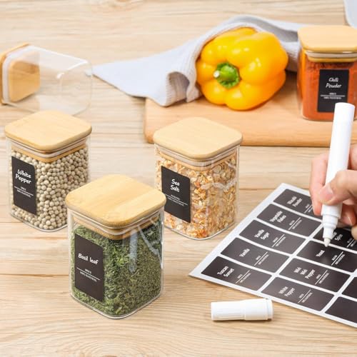 Glass Spice Jars with Labels 6 oz 6 Pack Small Square Bamboo Lids (6 Count)