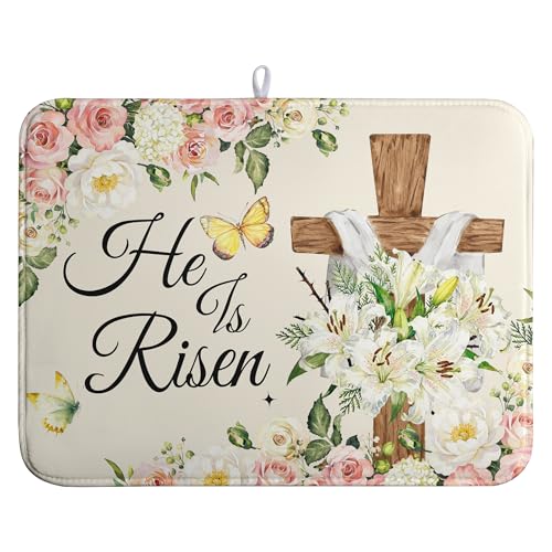 Easter He Is Risen Dish Drying Mats Spring Floral Dish Mat Easter Cross Drying Matt Dishes Dryer Pad for Kitchen Counter Absorbent Microfiber Washable Foldable Reusable 18x24 in