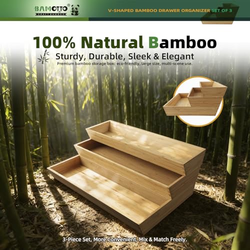 Large Long V Shaped Bamboo Drawer Organizer Set of 3 (78.4 Ounce)