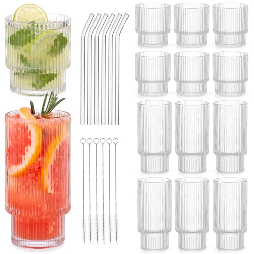 24 Ribbed Drinking Glasses Set (24 Count)